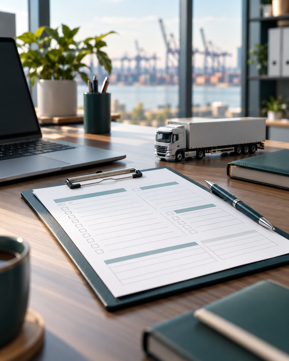 Illustrative shipment checklist on a desk beside a laptop and a model truck