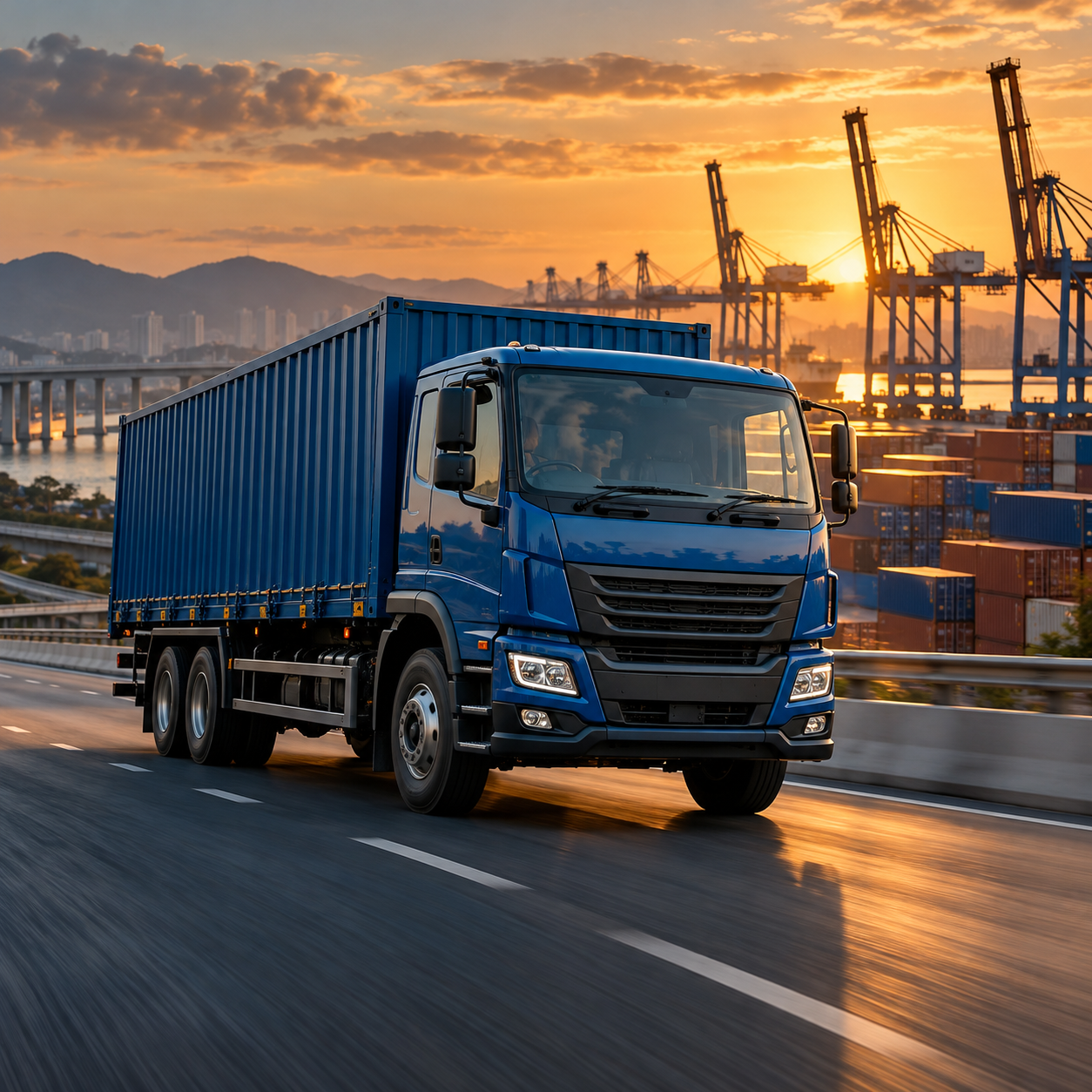 Illustrative blue goods truck on a highway beside a container port at sunset